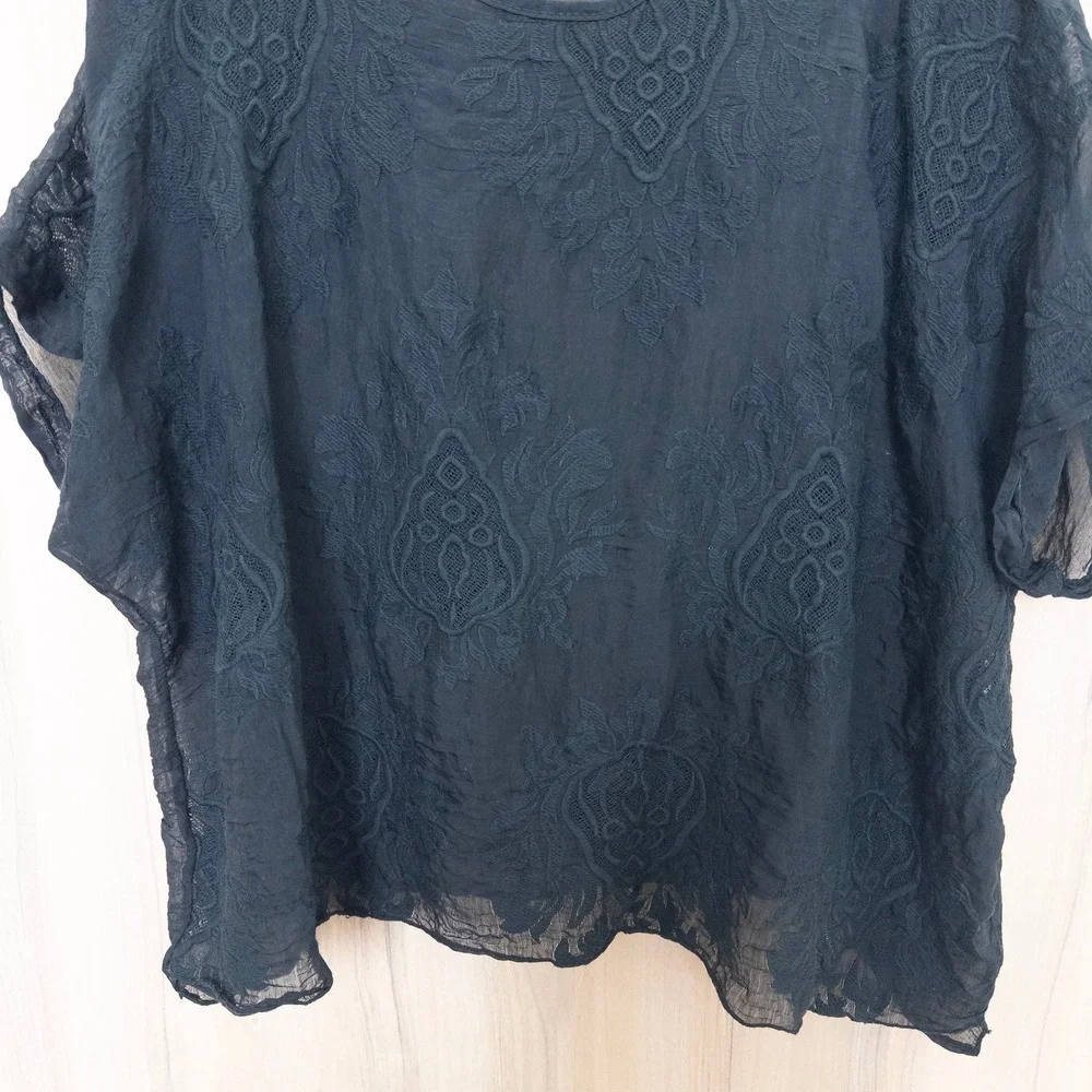 Womens Sheer Embroidered Blouse L Black Floral Italy Layer Witchy Boho Boxy Goth